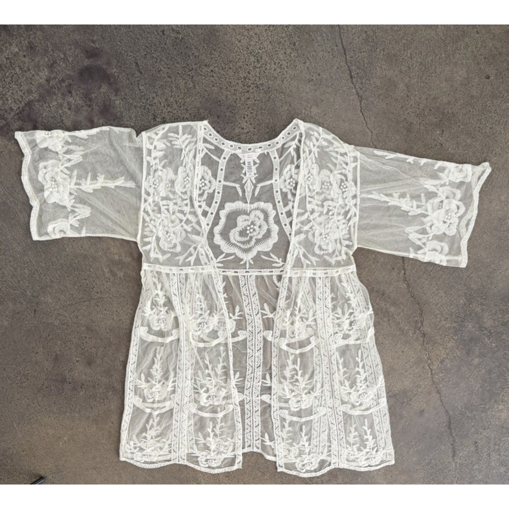 EUC LC Lauren Conrad Lace Midi Kimono Cardigan Ivory Boho Festival Coverup